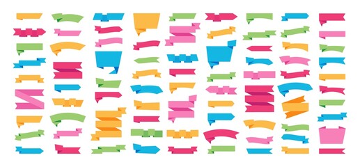 Wall Mural - Blank ribbon banner announcement border or quality badge set. Empty tape frame for advertisement, sale promotion, price tag or guarantee sticker vector illustration isolated on white background