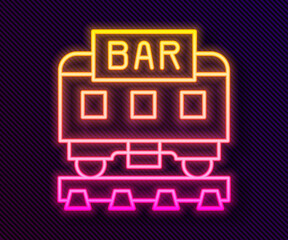 Poster - Glowing neon line Restaurant train icon isolated on black background. Vector.