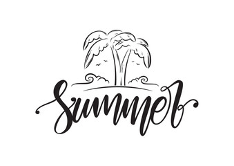 Wall Mural - Handwritten brush lettering of Summer with line palm trees, beach and ocean waves.