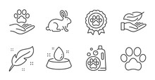 Feather, Animal Tested And Pets Care Line Icons Set. Pet Shampoo, Dog Competition And Lightweight Signs. Water Bowl, Dog Paw Symbols. Nib Pen, Bio Product, Shelter. Animals Set. Vector