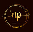NP Initial handwriting logo golden color. Hand lettering Initials logo branding, Feminine and luxury logo design isolated on black background.