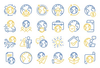 World business line icons. Global law, translate language, Outsource business. International organization, financial transactions, world map icons. Delivery service, global outsource. Vector