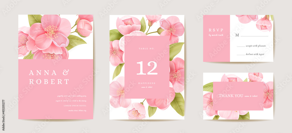 Wedding cherry invitation card, vintage sakura botanical Save the Date set. Design template of flowers and leaves - obrazy, fototapety, plakaty 