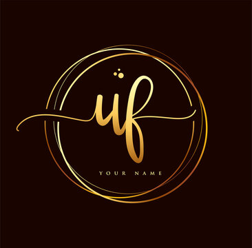 UF Initial handwriting logo golden color. Hand lettering Initials logo branding, Feminine and luxury logo design isolated on black background.
