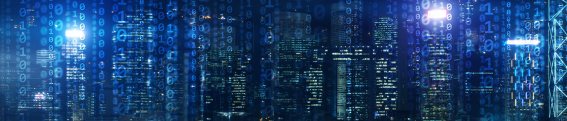 Wall Mural - Binary computer code virtual city skyline. Matrix Mixed Media Background.