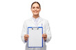 © Syda Productions - medicine, profession and healthcare concept - happy smiling female doctor in white coat showing clipboard