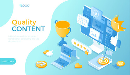Wall Mural - Quality Content. Сontent management, optimization, filtration. Adding photos, videos, posts to the website, blog or social network. Isometric vector illustration for website.