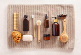 Fototapeta Sypialnia - zero waste eco friendly hygiene bathroom concept. wooden toothbrush soap brush cosmetic