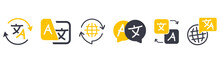 Set Of Icon For Translator App. Chat Bubbles With Language Translation Icons In Different Styles. Online Multi Language Translator. Translation App Icon. Online Translator. Multilingual Communication