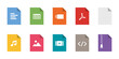 File types flat icon set. Vector file format pictograms pack.