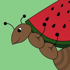 Wall Mural - Illustration of Brown Ant Carries Watermelon on its Back Cartoon, Cute Funny Character, Flat Design