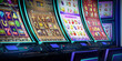 Row of video slot machines with curved display and neon lights at the casino. 3D rendered illustration  