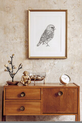 Wall Mural - stylish living room with vintage commode, gold mock up photo frame, gold clock, decoration, grunge w