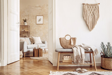 Wall Mural - scandinavian interior of open space with wooden bench, grey sofa, pillows, palid, picture frame, mac