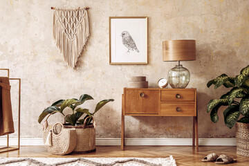 Wall Mural - modern retro composition of living room with wooden vintage commode, furniture, lamp, plant, carpet,