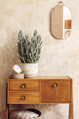 stylish composition of retro living room interior with wooden vintage commode, gold pink mirror, pla