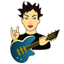 Cool Man, That Is Showing A Sign Of The Horns Gesture With His Hand On The Stage And Plays Hard Rock Electric Guitar, Vector Emoticon In Color, Simplified Colorful Emoji