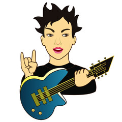 Wall Mural - cool man, that is showing a sign of the horns gesture with his hand on the stage and plays hard rock electric guitar, vector emoticon in color, simplified colorful emoji