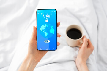 Poster - Woman holding and using celltphone with vpn app