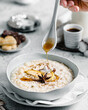 Rice porridge with maple sirup drizzle