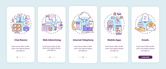 New media examples onboarding mobile app page screen with concepts. Chat rooms, internet telephony walkthrough 5 steps graphic instructions. UI vector template with RGB color illustrations
