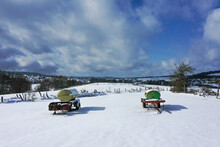 Bird's Eye View Of Two Water Troughs On A Snowy Meadow In The Taunus / Germany