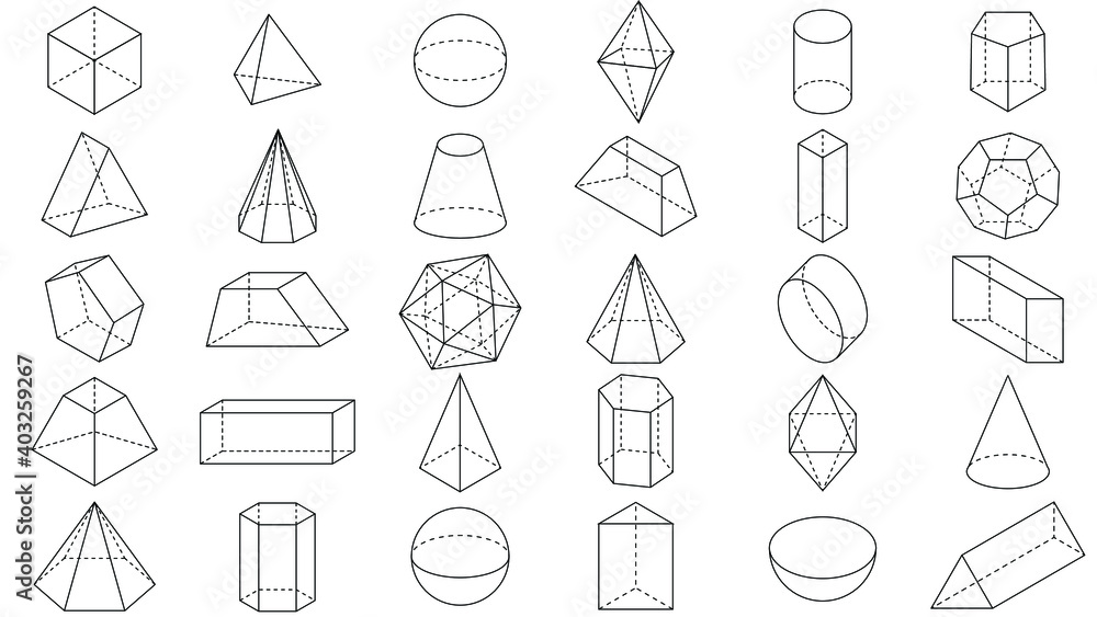 Set of basic stereometrics shapes line cuboid octahedron pyramid prism ...