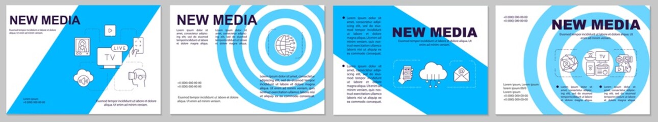 New media blue brochure template. Internet technology. Online content. Flyer, booklet, leaflet print, cover design with linear icons. Vector layouts for magazines, annual reports, advertising posters