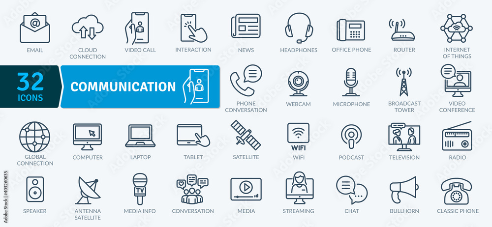 Communication Icons Pack. Thin line icons set. Flat icon collection set ...