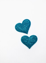 Blue Turquoise Shiny Hearts For Valentine's Day Isolated On White Background. Glitter And Sparkles Hearts. Expensive Ornate Banner. Valentines Day Background