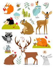 Print. Forest Animals Collection Including Deer, Bear, Squirrel, Fox, Hedgehog, Fawn, Hare, Raccoon, Mouse, Owl, Bee. Autumn Forest. Cartoon Animals. Cartoon Characters.
