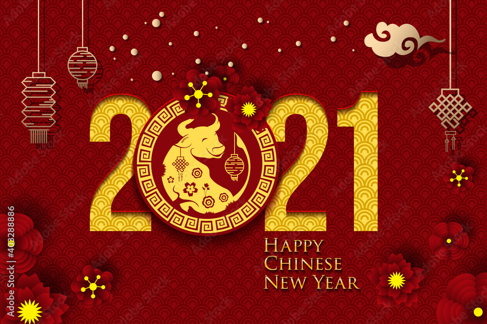 2021 Chinese New Year Greeting Card. Year of the Ox. Chinese New-Year. Paper cut with Ox and Flowers. gong xi fa cai 2021. Hieroglyph - Zodiac Sign Ox. Place for your Text. - obrazy, fototapety, plakaty 