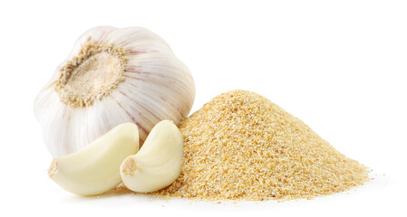 A pile of ground garlic and a head of garlic with cloves on a white background. Isolated