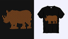 Editable Vector Outline Image Of Two Horned Rhinoceros With Brown Stripes Isolated On Black Background. Vector T-shirt Silhouette. Front Side. Line Art T-shirt Design. Editable Stroke.