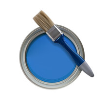 Opened Can Of Blue Paint And Paintbrush. View From Above. Vector Illustration