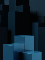 Modern dark dark blue podium for product showcase. Boxes shapes pedestal. Abstract pattern background. Empty stage. 3d render illustration