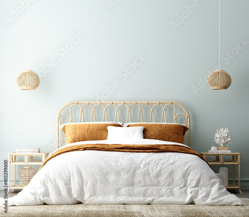 Coastal boho style bedroom interior background, wall mockup, 3d render © artjafara