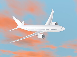 Wall Mural - Airplane flying in the sky by sunset - 3D render