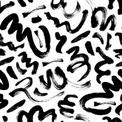 Poster - Wavy and swirled brush strokes vector seamless pattern. Black paint freehand scribbles, abstract ink background. Brushstrokes, smears, lines, squiggle pattern. Abstract wallpaper design, textile print