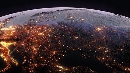 Fototapete - Global Background/Connection lines Around Earth Globe, Lines on the background of the earth's surface - information movement, aviation flights, ground transport movement, logistics services