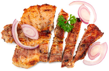 grilled pork meat isolated on white background. with clipping path. full depth of field.