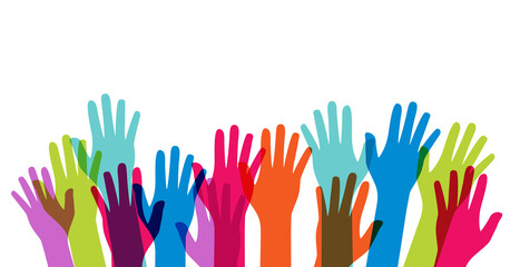 Multicultural and multiethnic people community integration concept with raised human hands. Racial equality of different culture and countries background. Vector Illustration EPS10