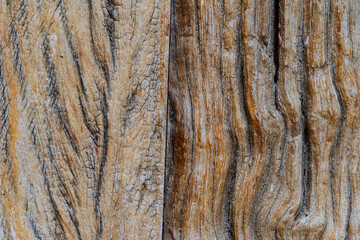 Textured natural wood background with golden highlighted grooves. Ancient wood in detail, grooves and veins, artistic composition. Old plank wooden wall background. The texture of old wood. Weathered