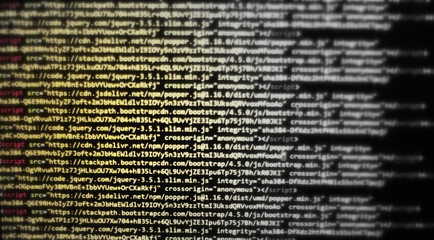 Computer programming source code.Abstract computer script source code background.Html code developing a screen.Web or application development, business technology computing, cyberspace.