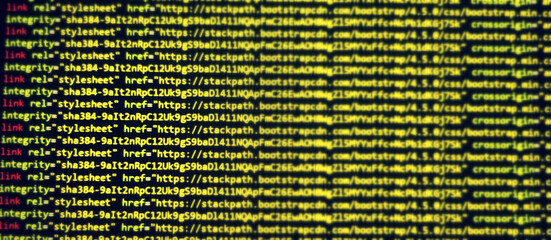 Computer programming source code.Abstract computer script source code background.Html code developing a screen.Web or application development, business technology computing, cyberspace.