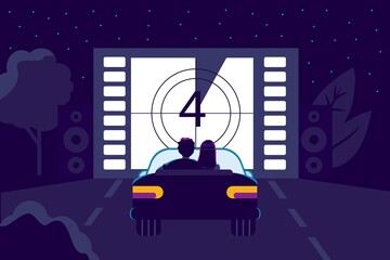 Drive-in movie theater with open air parking flat style Movies vector illustration Couple in love watching movie sitting in car Outdoor cinema in the night city