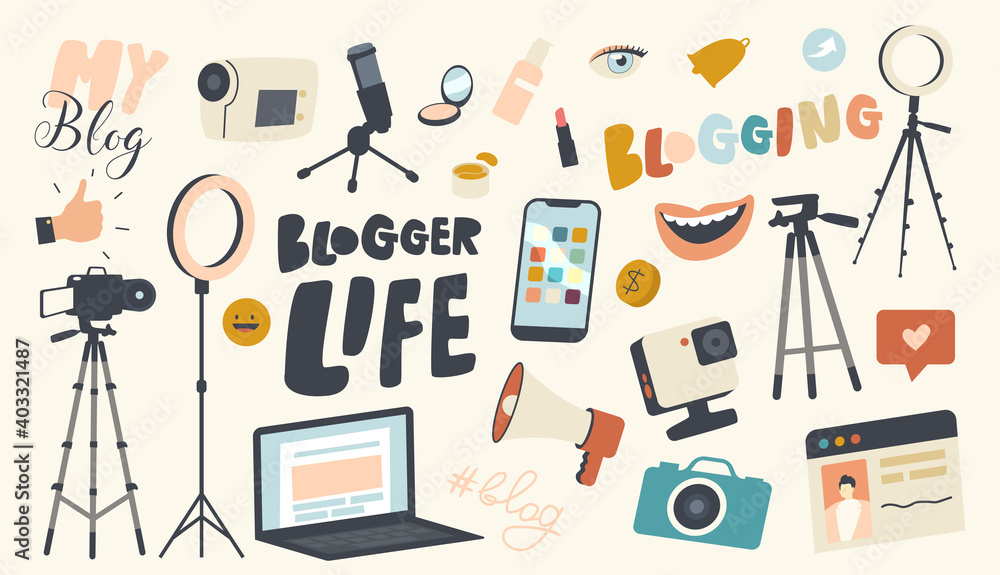 Set of Icons Blogger Life Theme. Video Camera, Light Equipment, Laptop and Photo Camera, Smartphone, Smiling Mouth - obrazy, fototapety, plakaty 