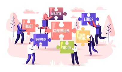 Core Values Concept. Tiny Businesspeople Characters Holding Huge Puzzle Pieces with Basic Social and Business Principles