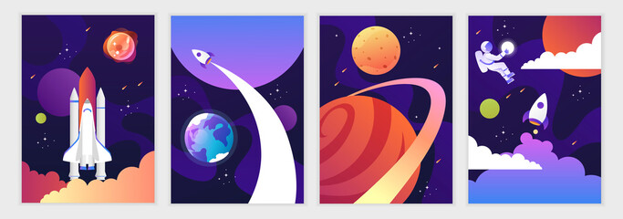 Wall Mural - space shuttle and universe. colorful planets, rocket, galaxy and universe. set of cartoon space back
