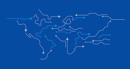 Flying airplanes world map abstract vector background - flying white airplanes routes on blue background - Air travel concept - line art illustration 